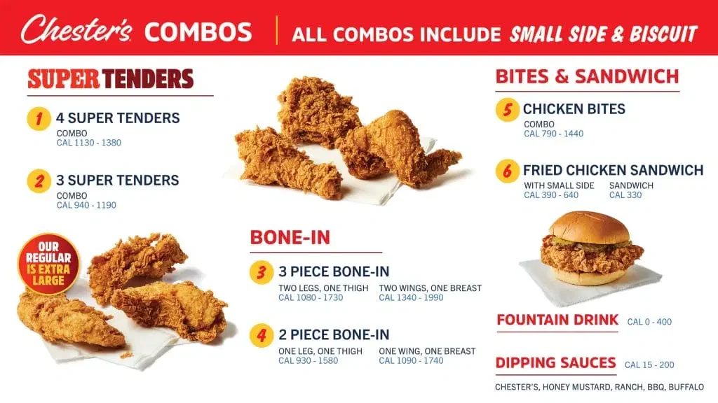 Chester's Chicken combos menu board — Super Tenders, bone-in chicken, chicken bites and the fried chicken sandwich at GS Truck Stop