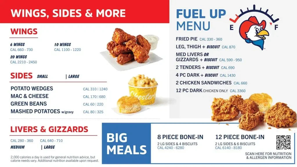 Chester's Chicken wings, sides, livers and gizzards, Big Meals and Fuel Up Menu board at GS Truck Stop, I-90 Exit 205