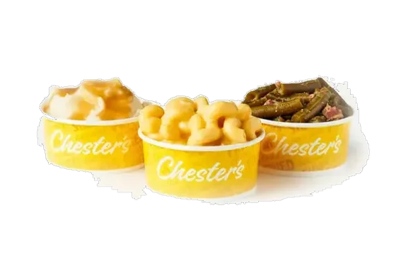 Chester's homestyle sides — mac and cheese, mashed potatoes and green beans — at GS Truck Stop