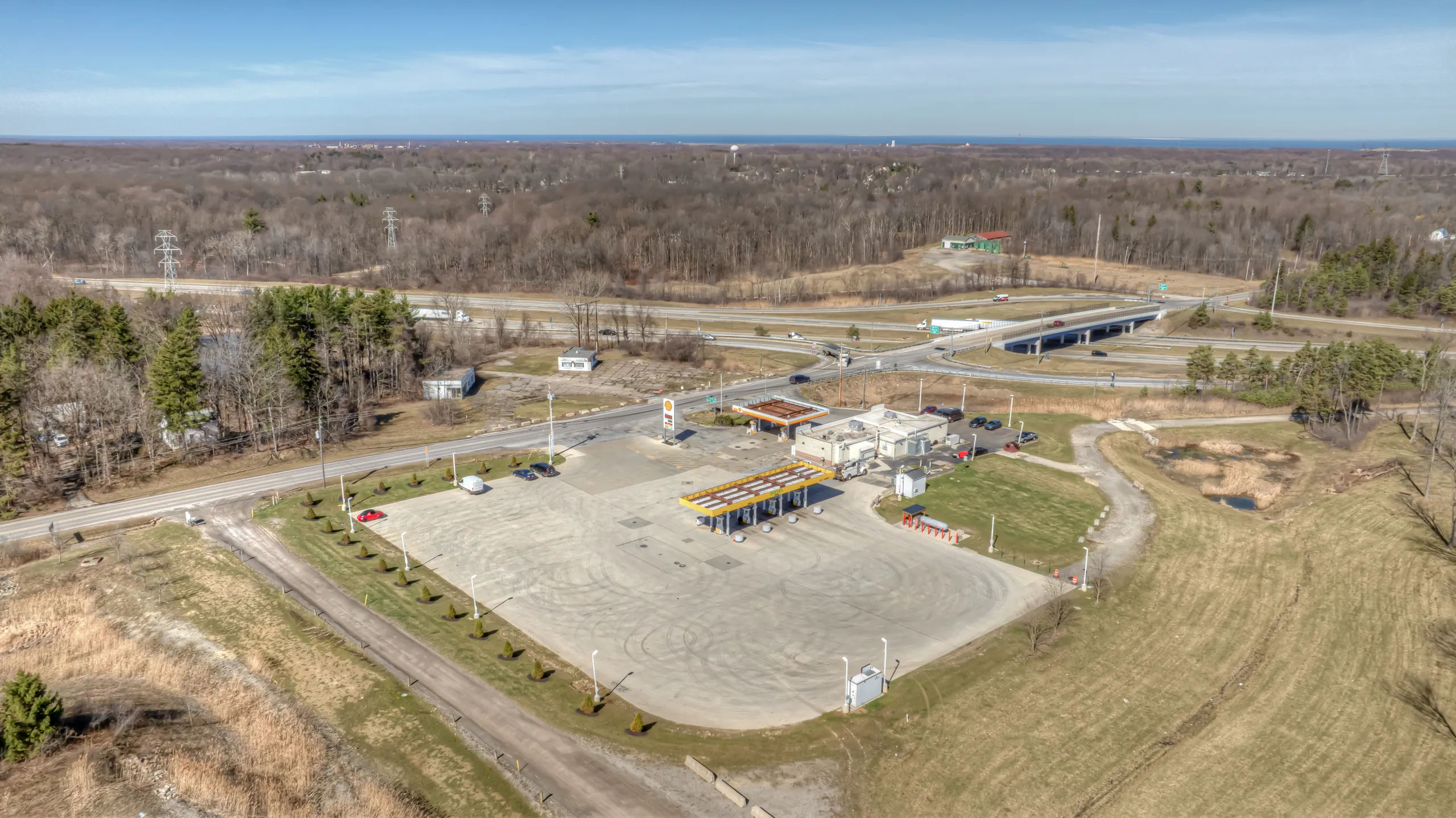 Aerial view of the semi-truck fueling apron at GS Truck Stop