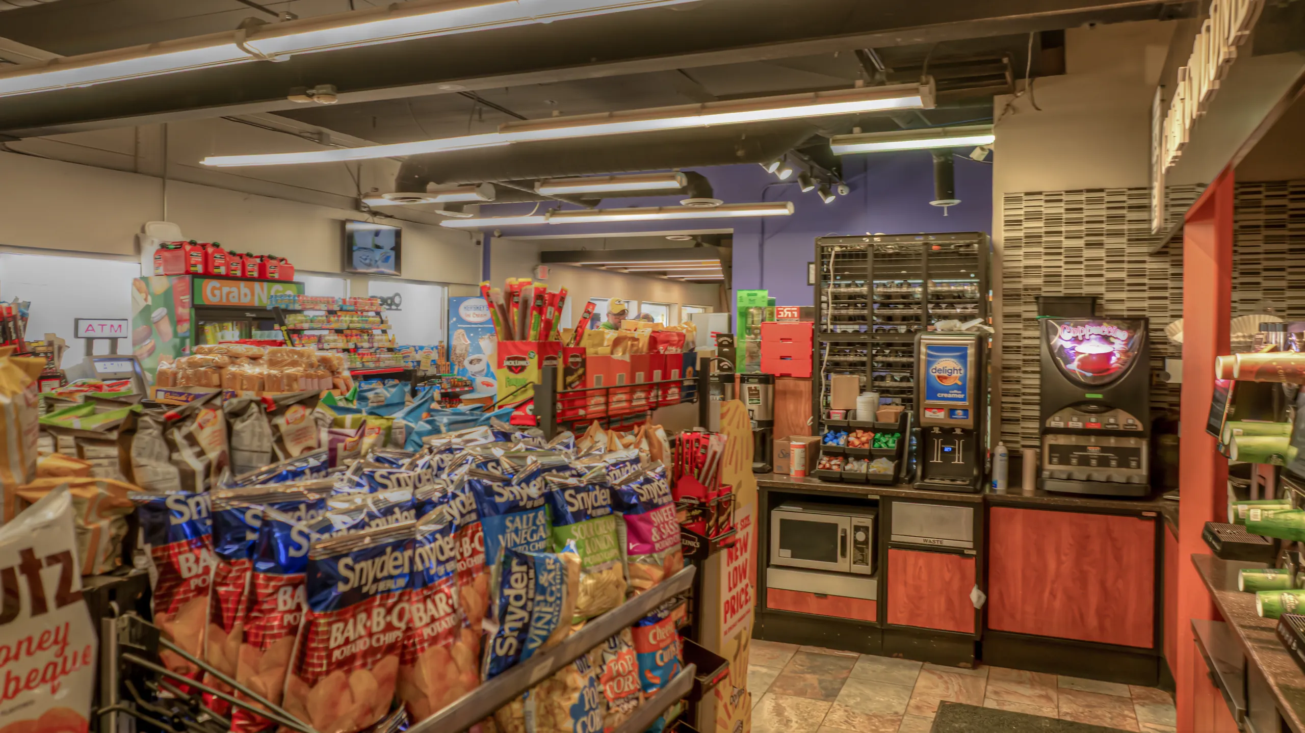 Snacks and coffee aisle inside the GS Truck Stop convenience store