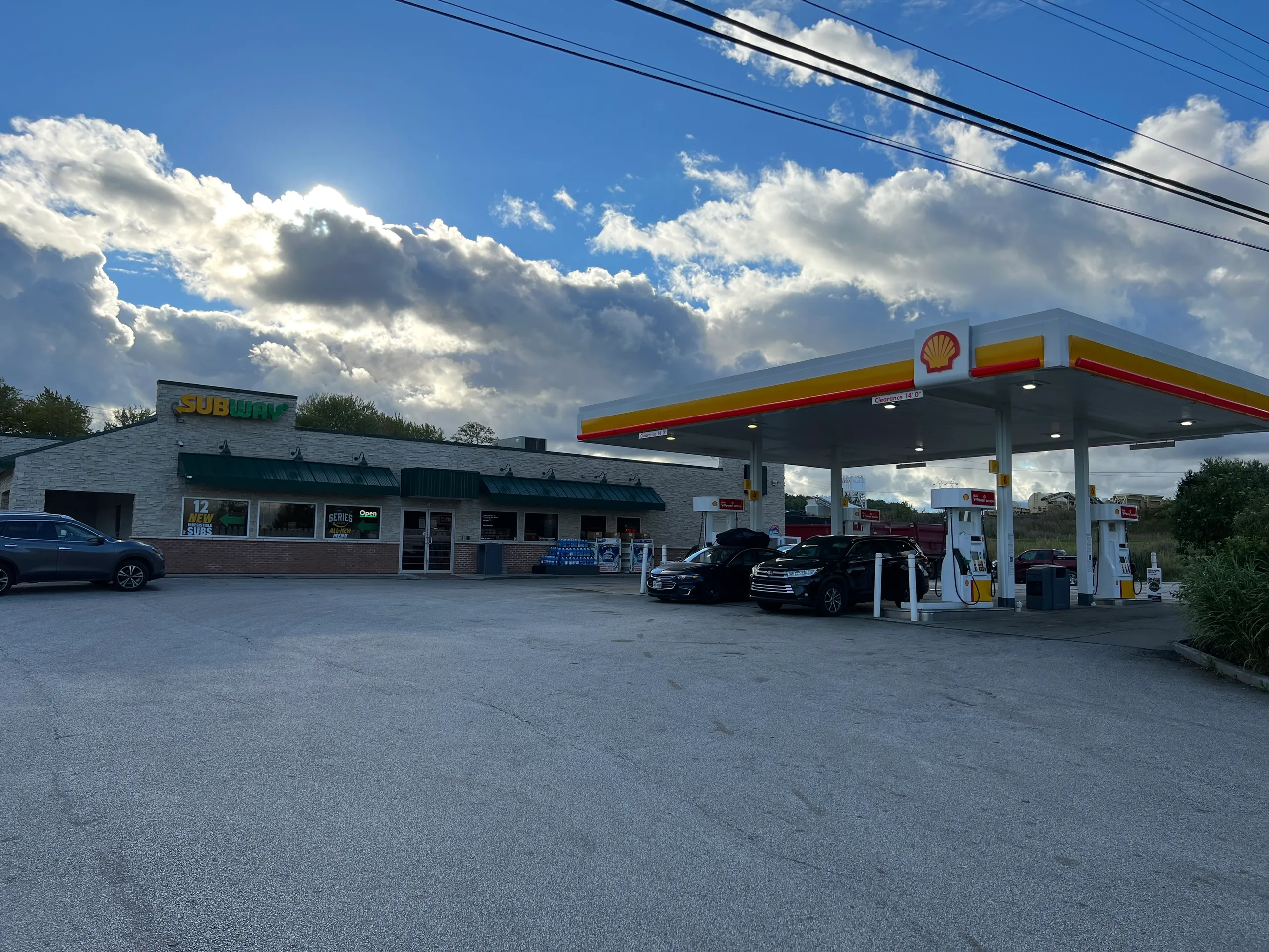 GS Truck Stop Shell and Subway storefront at dusk